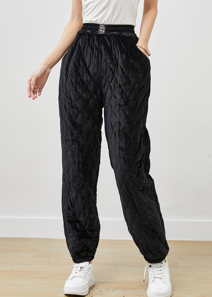 French Black Warm Fine Cotton Filled Silk Velour Pants Winter