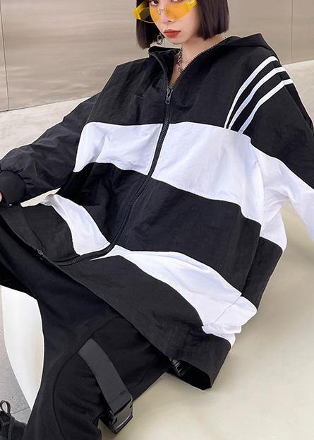 French Black White Cotton Cinched zippered Hoodies Outwear Spring - SooLinen