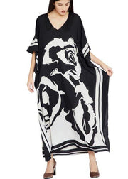 French Black White Floral Half Sleeve kimono robe Mid Chiffon Dress - SooLinen