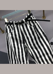 French Black White Striped Pockets Patchwork Denim Pants Fall