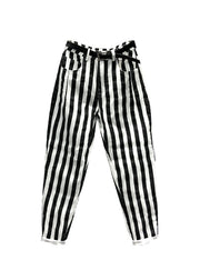 French Black White Striped Pockets Patchwork Denim Pants Fall