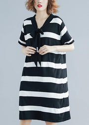 French Black White Wide Striped Cotton Bow Summer Dress - SooLinen
