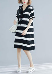 French Black White Wide Striped Cotton Bow Summer Dress - SooLinen