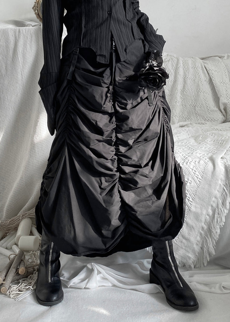 French Black Wrinkled Asymmetrical Elastic Waist Skirt Fall