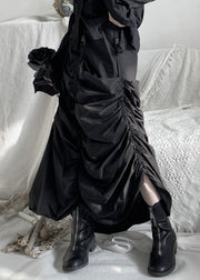 French Black Wrinkled Asymmetrical Elastic Waist Skirt Fall