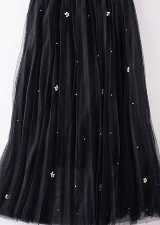 French Black Wrinkled Patchwork Nail bead Tulle Skirt Spring