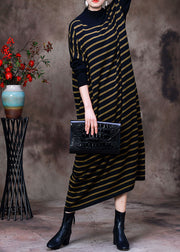 French Black Yellow Striped Turtle Neck Knit Long Dress Batwing Sleeve