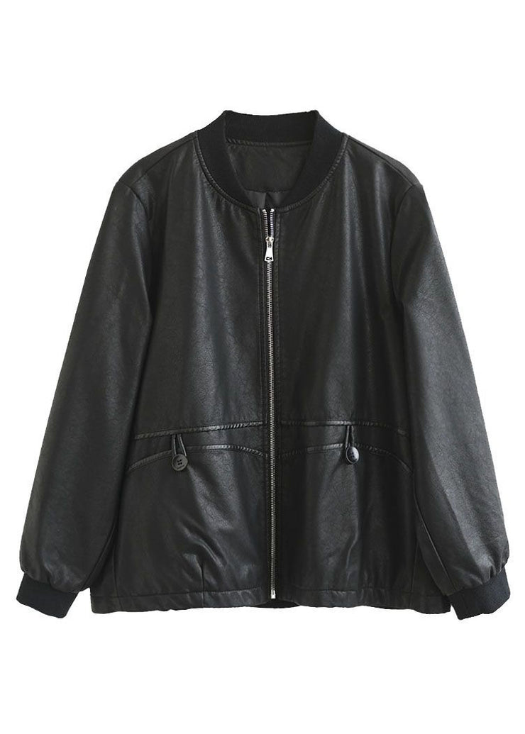 French Black Zip Up Patchwork Faux Leather Jackets Coats Spring