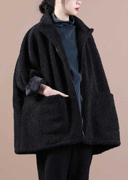 French Black Zip Up Pockets Thick Teddy Faux Fur Jacket Batwing Sleeve
