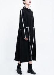 French Black retro Patchwork Fall Long Dresses Long sleeve