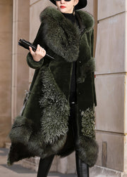 French Blackish Green Asymmetrical Fox Collar Patchwork Leather And Fur Coats Winter