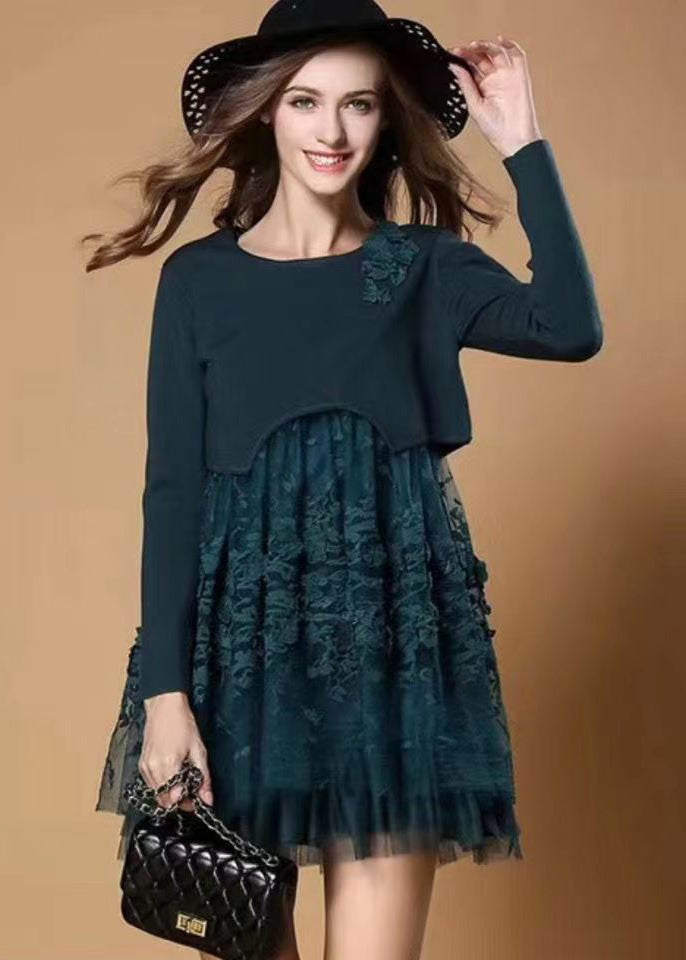 French Blackish Green Embroidered Patchwork Tulle Dress Fall
