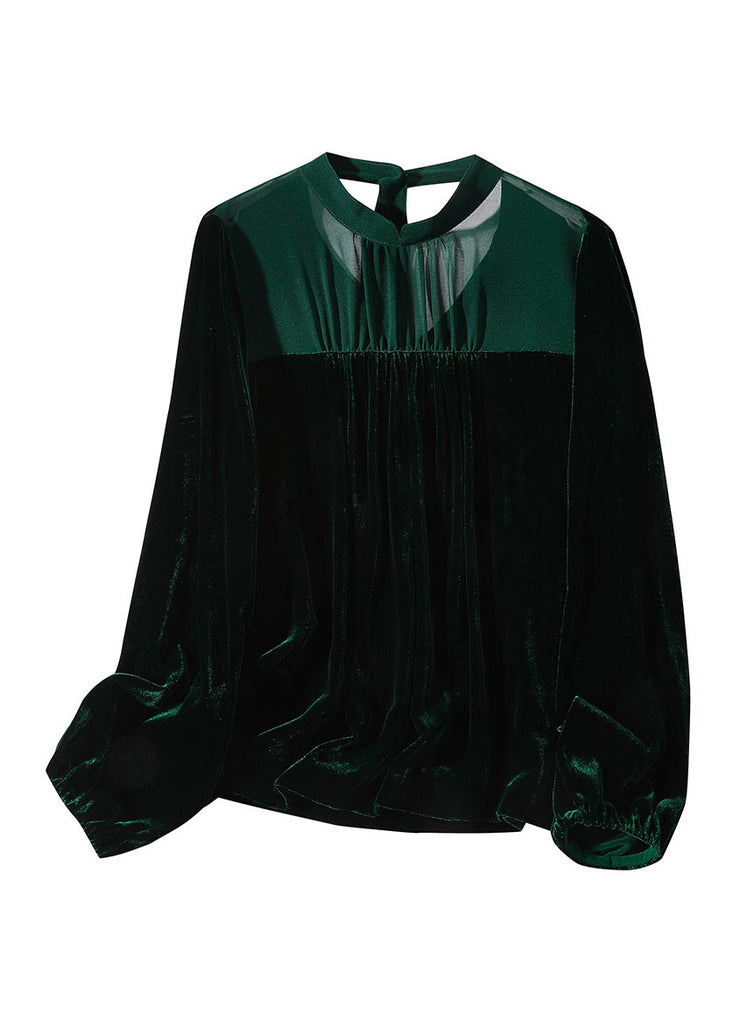 French Blackish Green Patchwork Silk Velour Shirts Long Sleeve