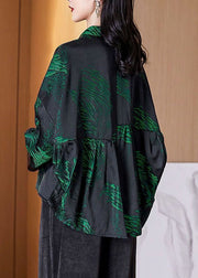French Blackish Green Peter Pan Collar Print Patchwork Silk Shirts Long Sleeve