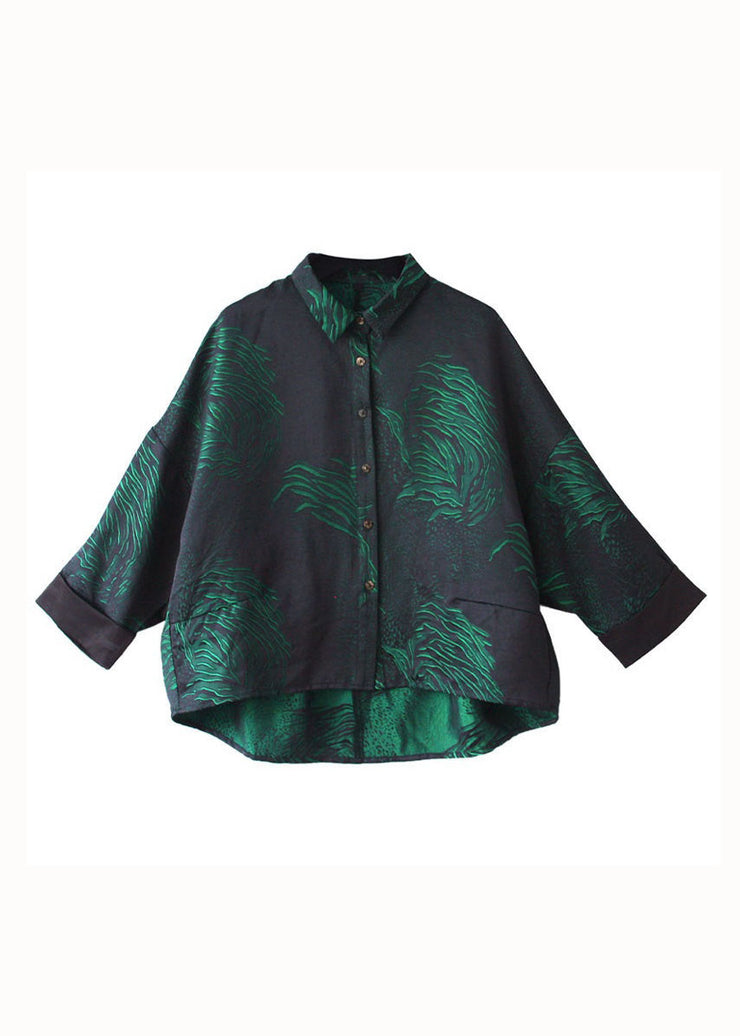 French Blackish Green Peter Pan Collar Print Patchwork Silk Shirts Long Sleeve