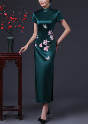French Blackish Green Print Side Open Silk Long Dresses Summer