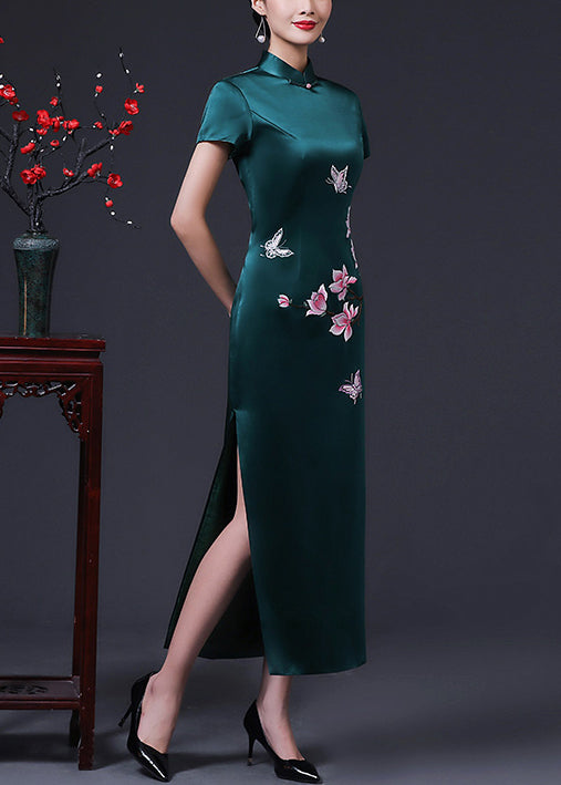 French Blackish Green Print Side Open Silk Long Dresses Summer