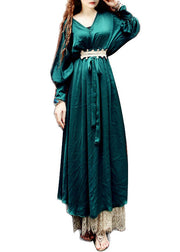 French Blackish Green V Neck Lace Patchwork Silk Maxi Dresses Batwing Sleeve