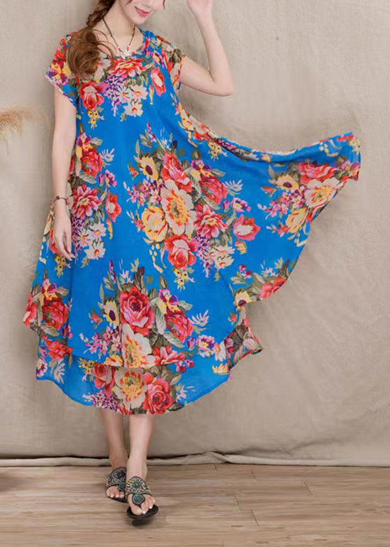 French Blue Asymmetrical Print Patchwork Cotton Dresses Summer