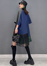 French Blue Asymmetrisches Patchwork-Baumwollhemd aus Tüll, mittellanges Kleid mit kurzen Ärmeln