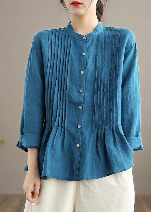 French Blue Blouse Stand Collar Cinched Art Spring Top - SooLinen