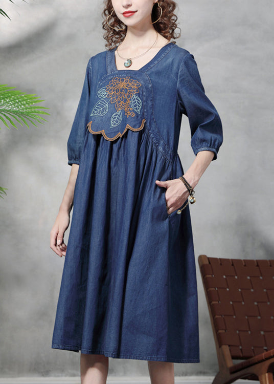 French Blue Cinched Square Collar Embroidered Cotton Denim Dresses Half Sleeve