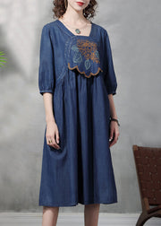 French Blue Cinched Square Collar Embroidered Cotton Denim Dresses Half Sleeve