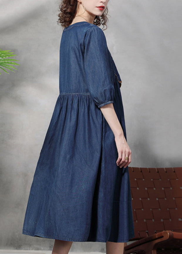 French Blue Cinched Square Collar bestickte Baumwoll-Denim-Kleider mit halben Ärmeln