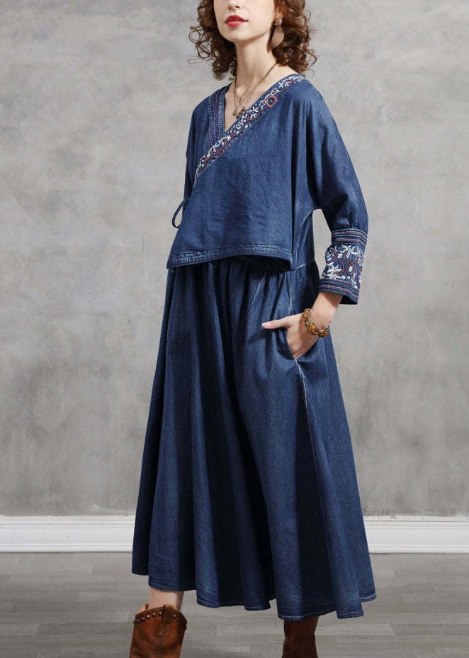 French Blue Cinched V Neck Embroidered pocket Cotton Dresses Long Sleeve