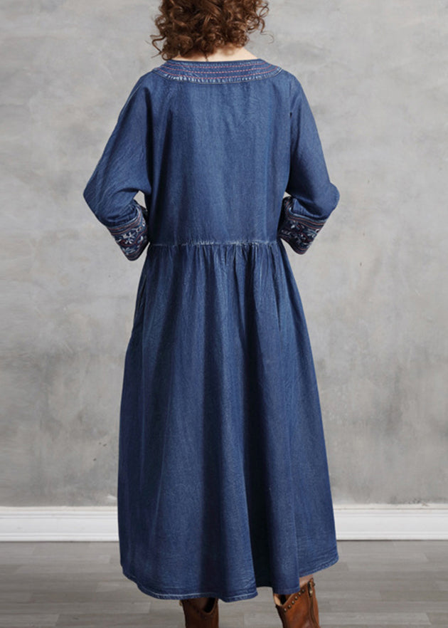 French Blue Cinched V Neck Embroidered pocket Cotton Dresses Long Sleeve
