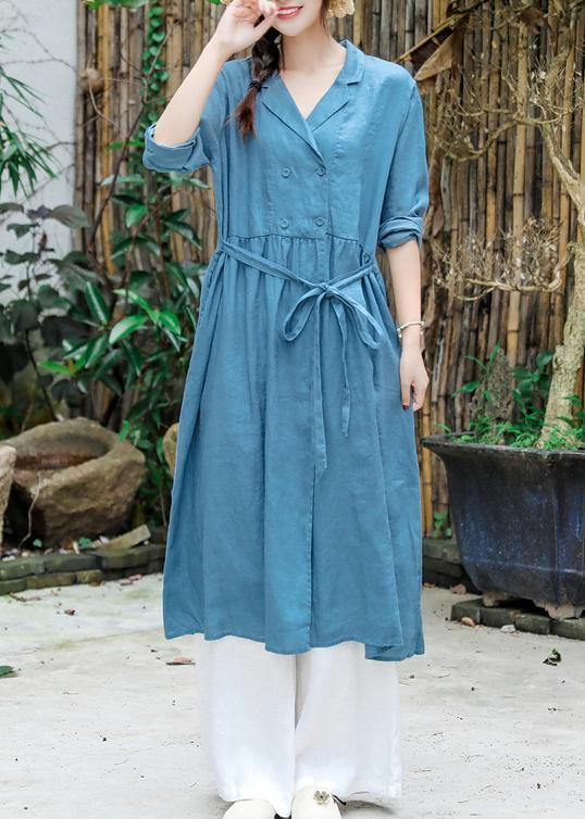 French Blue Clothes For Women Notched Tie Waist Robe Spring Dress - SooLinen