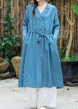 French Blue Clothes For Women Notched Tie Waist Robe Spring Dress - SooLinen