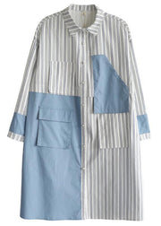 French Blue Cotton Dress Striped Patchwork Dress - SooLinen