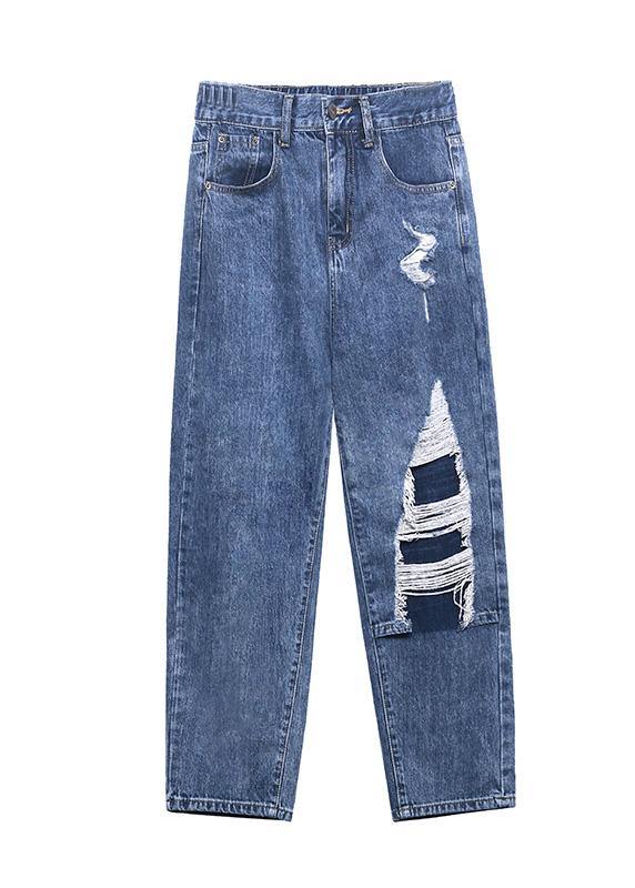 French Blue Cotton Hole Patchwork Casual Jeans Pants - SooLinen