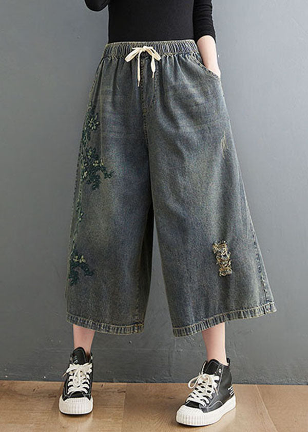 French Blue Elastic Waist Drawstring Embroidered Pockets Cotton Wide Leg Pants Summer