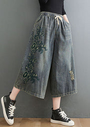 French Blue Elastic Waist Drawstring Embroidered Pockets Cotton Wide Leg Pants Summer