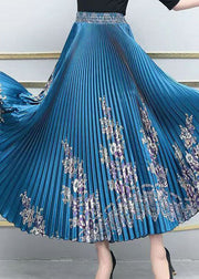 French Blue Elastic Waist Print Silk Pleated Skirt Summer