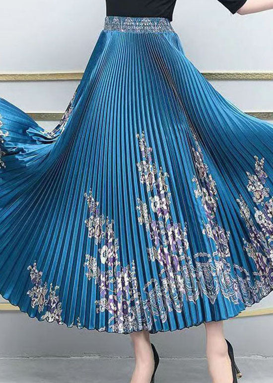 French Blue Elastic Waist Print Silk Pleated Skirt Summer