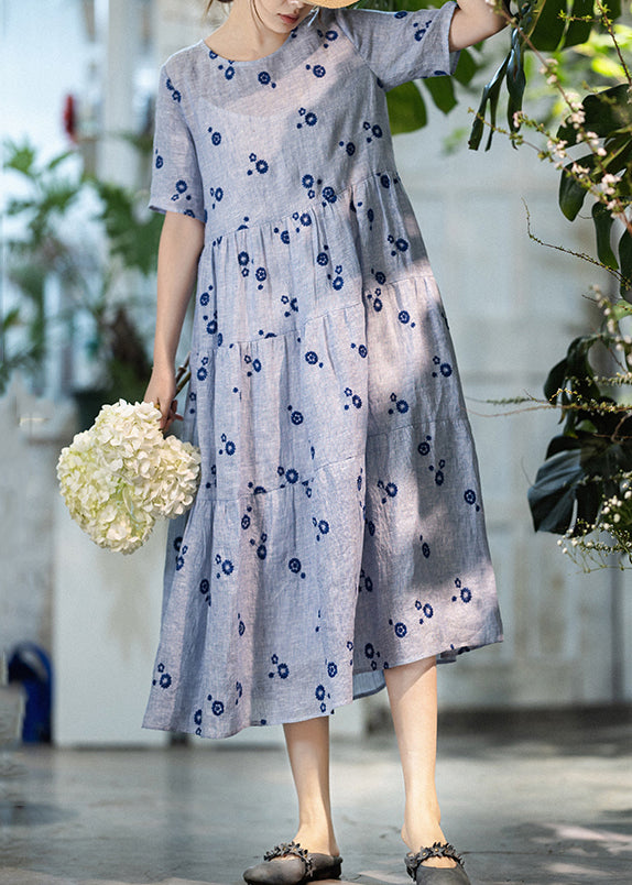 French Blue Embroidered Lace Up Pockets Linen Dress Summer
