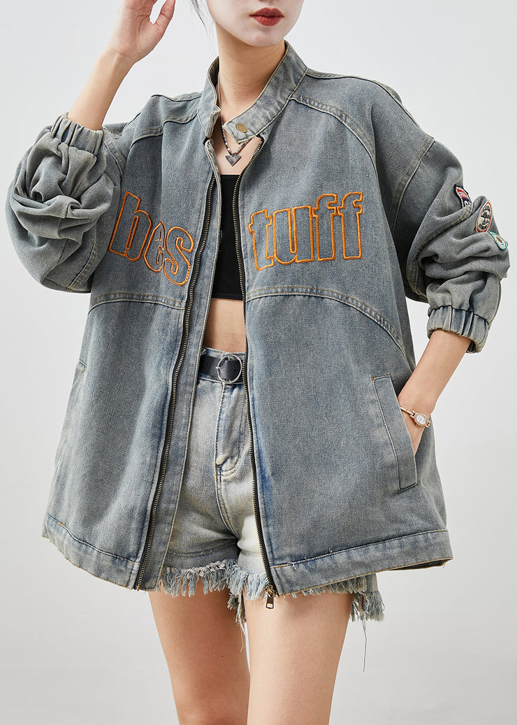 French Blue Embroidered Applique Denim Coats Fall