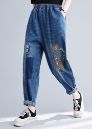 French Blue Embroidered Patchwork Denim Harem Pants Summer