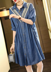 French Blue Embroidered Patchwork Lace Denim Dress Summer