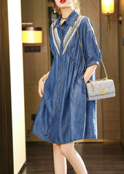 French Blue Embroidered Patchwork Lace Denim Dress Summer