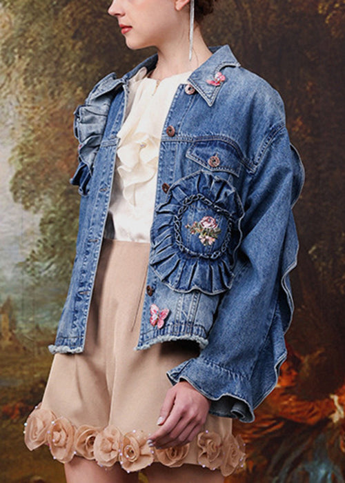 French Blue Embroidered Ruffled Patchwork Denim Coats Spring