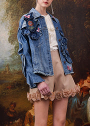 French Blue Embroidered Ruffled Patchwork Denim Coats Spring