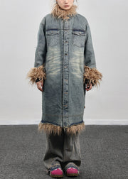 French Blue Fluffy Button Patchwork Thick Long Coat Winter