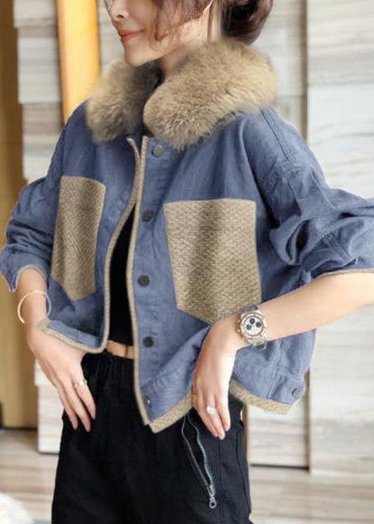 French Blue Fur Collar Button Patchwork Cotton Coats Winter