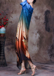 Französisches blaues Farbverlaufskleid mit O-Ausschnitt und mehrlagigem Seidenurlaubskleid mit halben Ärmeln