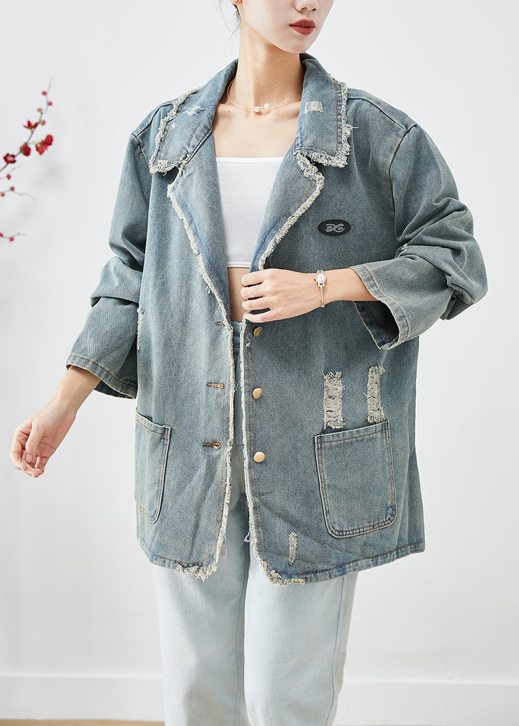 French Blue Grey Oversized Pockets Denim Ripped Coat Outwear Fall