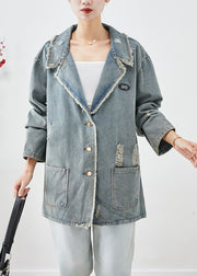 French Blue Grey Oversized Pockets Denim Ripped Coat Outwear Fall